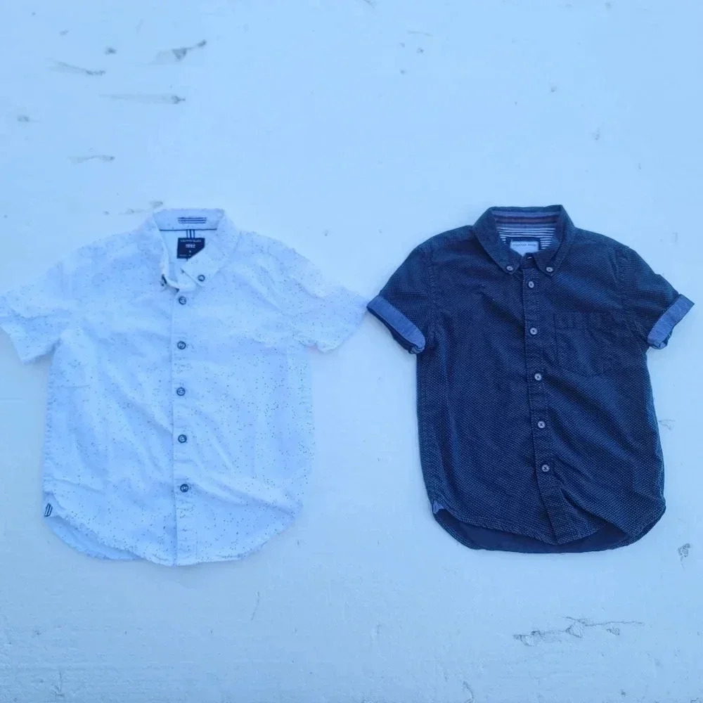 Lot of 2 Cactus Boys Shirt Boy White Navy SLIM FIt Print Button Down Shirt Sz 4